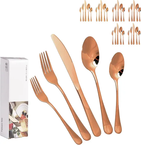 Vista 13 de Juego de cubiertos de acero inoxidable, juego de vajilla de 20 piezas, elegante cuchillo, tenedor, cuchara, cubiertos, servicio para 4 (dorado)