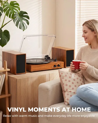 Vista 9 de Tocadiscos de vinilo vintage con altavoces estéreo externos, tocadiscos de 3 velocidades con entrada Bluetooth, grabación USB a PC, parada