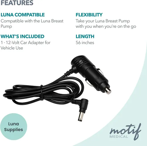 Vista 3 de Motif Medical Adaptador de corriente para automóvil de 12 voltios para lactancia materna, adaptador para bomba de grado hospitalario Luna, adaptador