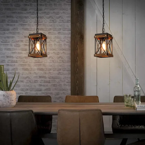 Vista 2 de Accesorio de Lámpara Colgante de Madera Rústica de Granja, Una Luz con Cadena Ajustable, Jaula de Linterna de Madera de Roble y Metal, Iluminación