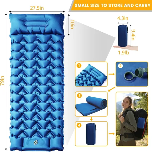 Vista 5 de Colchoneta para dormir, almohadilla de dormir compacta para acampar con almohada bomba de pie integrada, colchoneta inflable para viajes