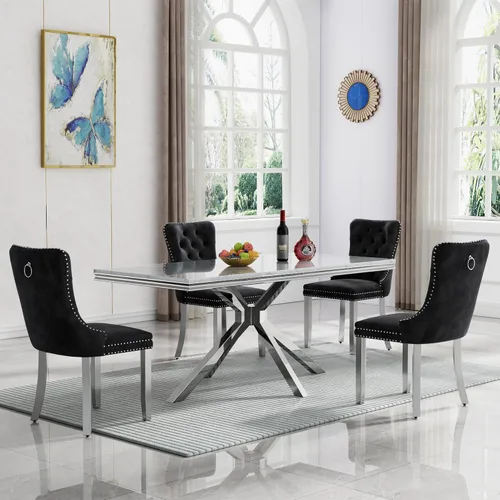 Vista 41 de Juego de 5 mesas de comedor, juego de mesa de cocina y comedor para 4, mesa de cocina rectangular de mármol sintético blanco de 47 pulgadas con base