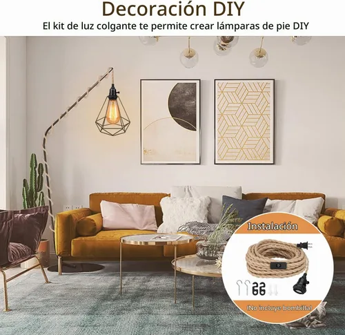 Vista 8 de Kit de luces colgantes de 16.5 pies, luces colgantes con cable de enchufe e interruptor, lámpara colgante de cuerda de cáñamo E26, cable de linterna