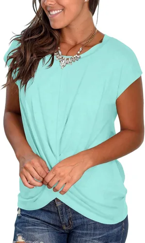 Vista 2 de Jescakoo - Camiseta de mangas cortas para mujer, cuello redondo, nudo en la parte delantera, ajuste holgado