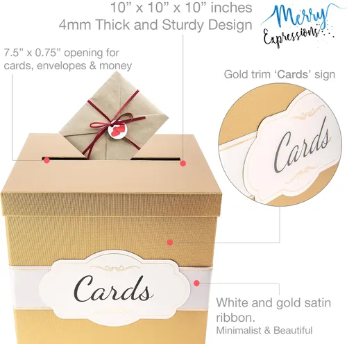 Vista 9 de Merry Expressions Caja de tarjetas dorada de 10 pulgadas, tarjetero para fiesta, caja de regalo de dinero para recepción de boda, graduación