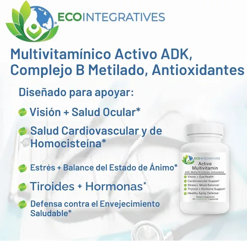 Vista 3 de Multivitamínico activo ADK, complejo de metilo B, antioxidantes Folato cuatrifólico, metilo B12, P5P, vitamina D3, K1/K2 60 cápsulas