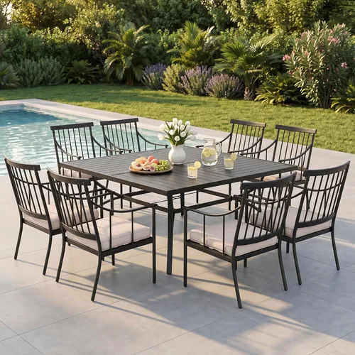 Vista 21 de PHI VILLA Juego de mesa de comedor para patio de 7 piezas con cojín para 6, mesa grande rectangular de metal para exteriores con orificio para Silla