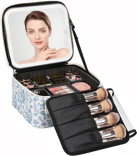 Vista 17 de Relavel Estuche de maquillaje con espejo LED, 01-Negro, Bolsa de maquillaje de viaje con espejo LED para niñas Compact Cosmetic Makeup Organizer