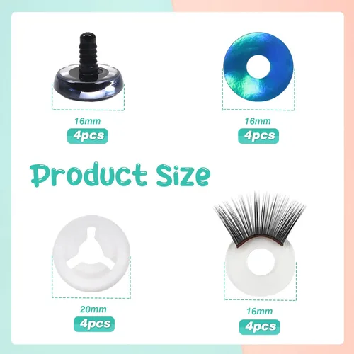 Vista 2 de TOAOB - 4 juegos de ojos de seguridad de 0.63 pulgadas con purpurina y arandelas y pestañas para Amigurumis de plástico azul para manualidades, ojos