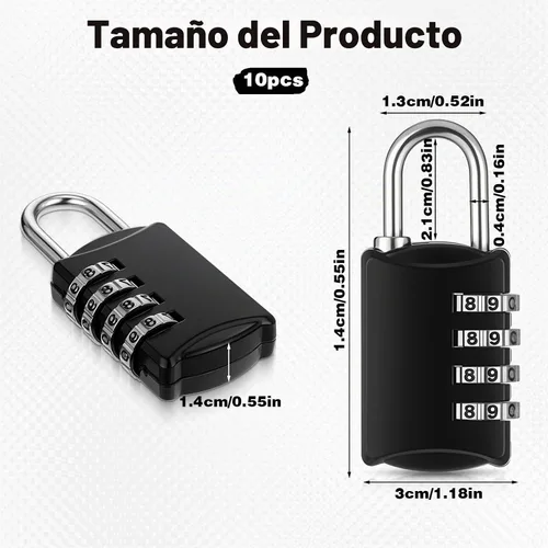 Vista 2 de Paquete de 10 candados combinados de 4 dígitos pequeños con número de equipaje, candados impermeables con código de combinación, candado