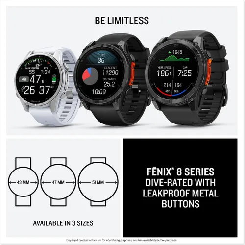 Vista 8 de Garmin fēnix® 8 – 47mm, AMOLED, Smartwatch GPS Multisport Premium, Vida Útil de Batería Larga, Certificado para Buceo, Linterna LED Integrada, Gris