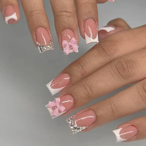 Vista 8 de Lindas uñas a presión de tamaño mediano - Uñas falsas cuadradas con punta francesa, uñas acrílicas rojas de cobertura completa brillantes