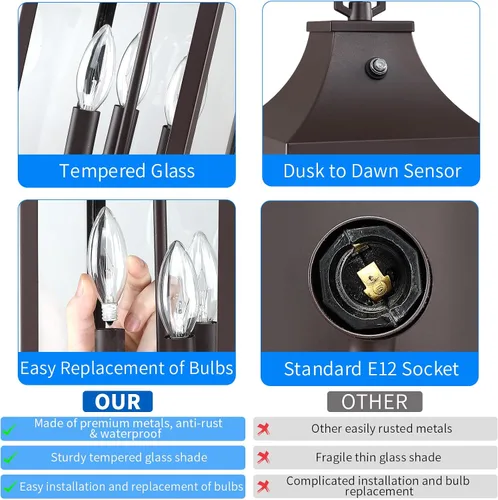 Vista 6 de Lámpara colgante grande de 15.5 pulgadas para exteriores, 3 luces, del atardecer al amanecer, lámpara colgante para exteriores, lámpara colgante