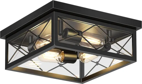 Vista 9 de Asnxcju Luminarias de Techo Estilo Granja para Montaje, Lámpara de Techo Empotrada Negra de 2 Luces con Pantalla de Vidrio Transparente, Lámpara