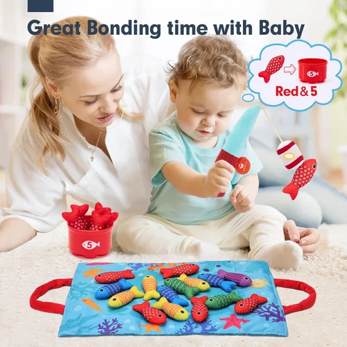 Vista 9 de hahaland Juguetes Montessori para niño de 1 año, regalo de cumpleaños, juego de pesca de tela 10 en 1, juguetes para niños pequeños con tazas
