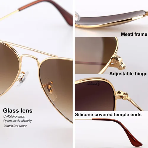 Vista 5 de Berikin Gafas de sol clásicas estilo aviador para hombres y mujeres, 100% protección UV400, lentes de cristal degradado marrón, marco de metal dorado