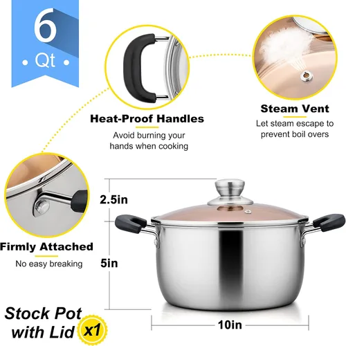 Vista 9 de E-far Olla de 6 cuartos de galón, olla de sopa de metal de acero inoxidable con tapa de vidrio para cocinar, saludable y libre de óxido, resistente