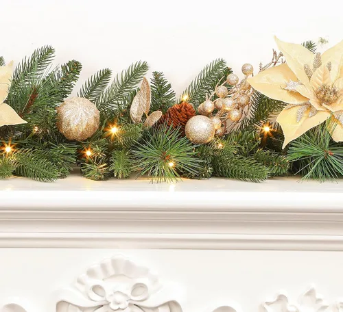 Vista 4 de SHareconn Guirnalda de Navidad Preiluminada de 9 Pies con Luces LED Multicolor, Temporizador a Batería, Guirnalda Iluminada con Bola de Flor