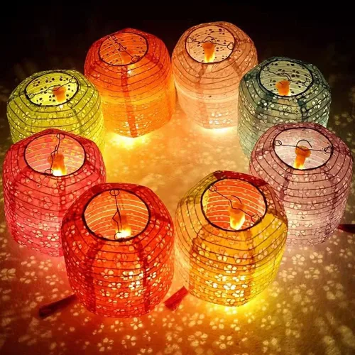 Vista 5 de 12 linternas de papel chinas, japonesas, coloridas linternas de papel colgantes con luces LED, 8 pulgadas, ovaladas, decorativas, asiáticas