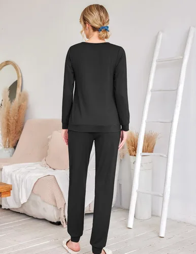 Vista 4 de Ekouaer Conjunto de pijama de manga larga para mujer, ropa de dormir con estampado de estrellas, pijamas suaves con bolsillos