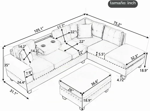 Vista 2 de P PURLOVE Sofá seccional con diván reversible y 2 almohadas (negro)
