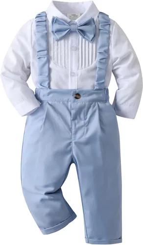Vista 15 de Conjunto de pantalones para bebé, camisa de manga larga + pantalones + corbatín + tirantes, trajes de caballero para niños pequeños
