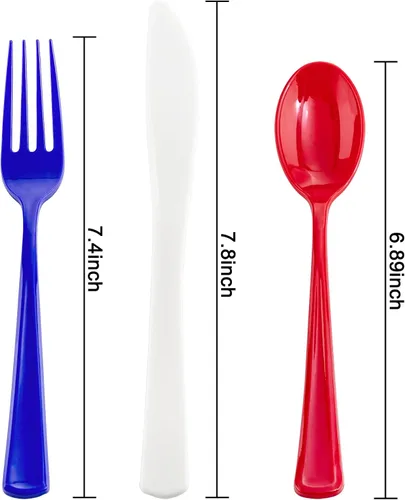 Vista 2 de Liacere 200 piezas de cubiertos de plástico desechables rojos y azules del 4 de julio - Cubiertos de plástico rojo y azul - Suministros de fiesta