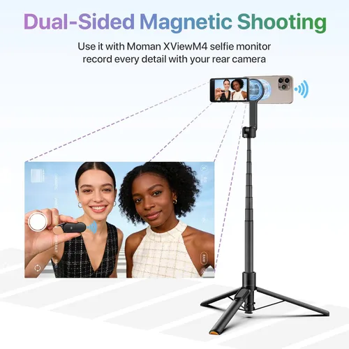 Vista 3 de Moman Trípode magnético para selfie stick de 13 a 66 pulgadas con soporte de despliegue automático, soporte magnético de aluminio portátil