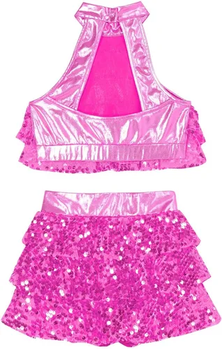 Vista 6 de Linjinx Conjunto de camiseta corta metálica de lentejuelas con falda para niñas y niñas, trajes de baile latino de jazz, 2 piezas, disfraz de baile