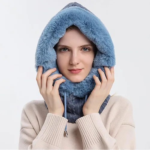 Vista 2 de Gorro de forro polar holgado de una pieza para mujer, bufanda con capucha, pasamontañas, cálido invierno, resistente al viento, con cordón
