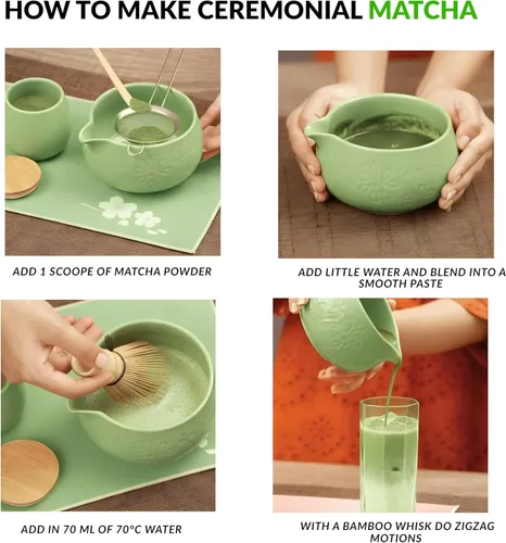 Vista 6 de Juego de 8 batidores de matcha, juego de ceremonia de té tradicional japonesa con tazón de matcha, kit completo de matcha para principiantes Verde