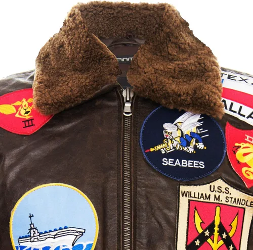 Vista 4 de Chaqueta bomber de piel de vuelo Air Force A2 para hombre con cuello de oveja y parches