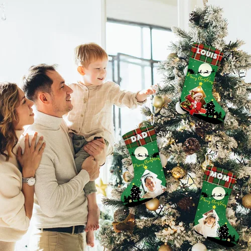 Vista 3 de Calcetines de Navidad personalizados, regalos de adorno de Navidad, carga tu imagen, crea medias para familia, niños, amantes, amigos, hogar