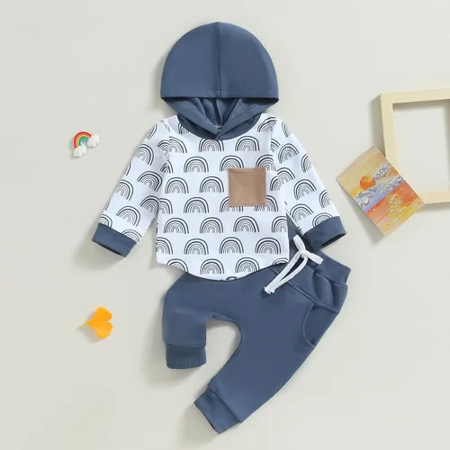 Vista 2 de Conjunto de ropa para bebé de otoño e invierno, sudadera con capucha y estampado de arco iris, sudadera con capucha y pantalones de manga larga