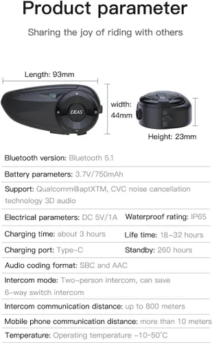 Vista 4 de Auriculares de intercomunicación Bluetooth para casco de motocicleta Q7 7 Riders Group 750mAh IP65 impermeable/CVC reducción de ruido/conectable