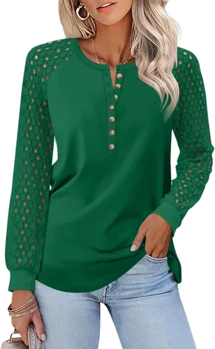 Vista 25 de Minetom Camisetas de manga larga con encaje para mujer, blusas casuales