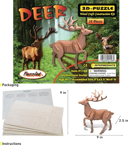 Vista 2 de Puzzled Rompecabezas 3D de madera de ciervo, kit de modelo de construcción de manualidades, divertido, único y educativo, juguete de madera