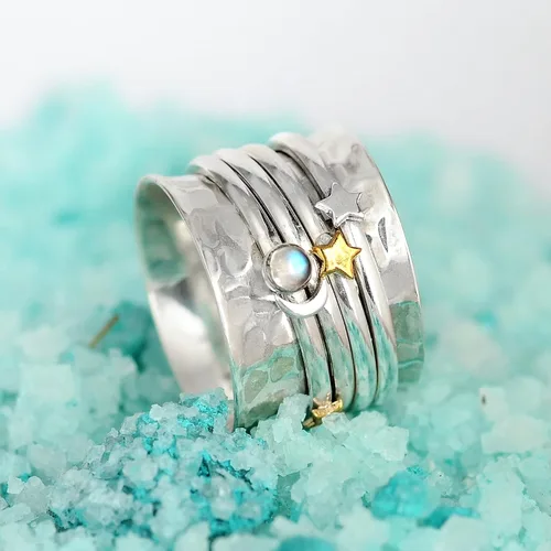 Vista 6 de Boho-Magic Anillo giratorio de plata de ley 925 con diseño de luna y estrella para mujer
