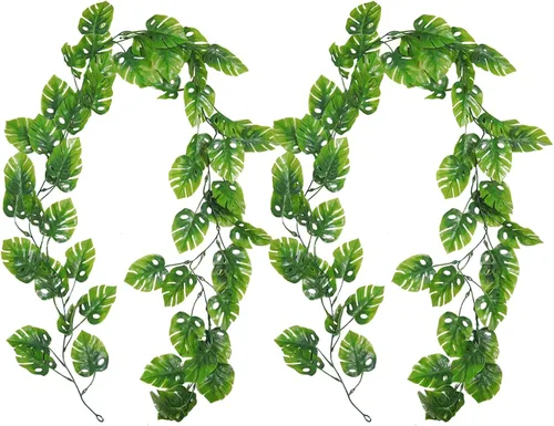 Vista 12 de RECUTMS 20LED Luces de Cadena de Hojas de Monstera, Hojas Artificiales de Palmera de Ratán Tropical, Enredadera Verde Colgante para Pared