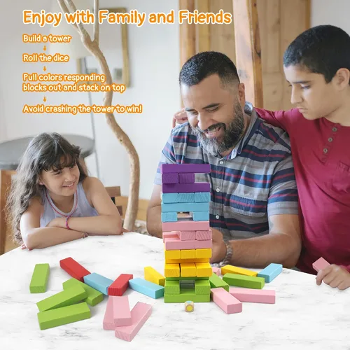 Vista 10 de Gentle Monster Juegos de mesa apilables coloridos de madera, bloques de construcción para niños y niñas, 54 bloques de equilibrio de madera, juguete
