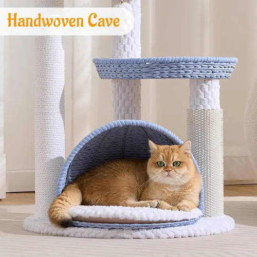 Vista 5 de HITTITE Moderna torre de árbol para gatos con poste rascador, torres para gatos de 46 pulgadas de alto con nidos y cueva tejidos, árbol para gatos