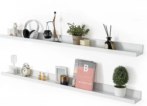 Vista 17 de Muzilife Estantes Flotantes de Pared Pequeños de 12" con Borde - Juego de 2 Estantes Flotantes de Madera - Repisa Negra Montada en Pared