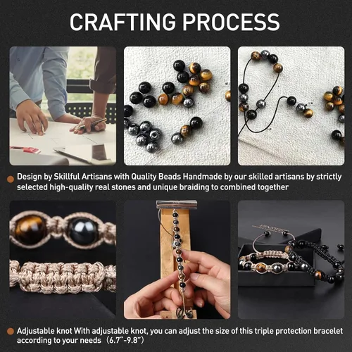 Vista 4 de Pulsera de triple protección, pulsera de cuentas de obsidiana negra y hematita genuina con ojo de tigre para hombres y mujeres, pulseras curativas