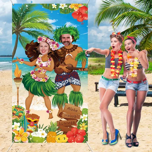 Vista 2 de HiParty Decoraciones de fiesta hawaiana Luau, pancarta de fotos de pareja Luau, accesorios de fotos de Tiki Luau para fiesta en la playa, pancarta