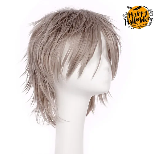 Vista 2 de Benehair Pelucas cortas de cosplay de 12 pulgadas, pelucas cortas de anime para cosplay, peluca sintética esponjosa para hombres y mujeres