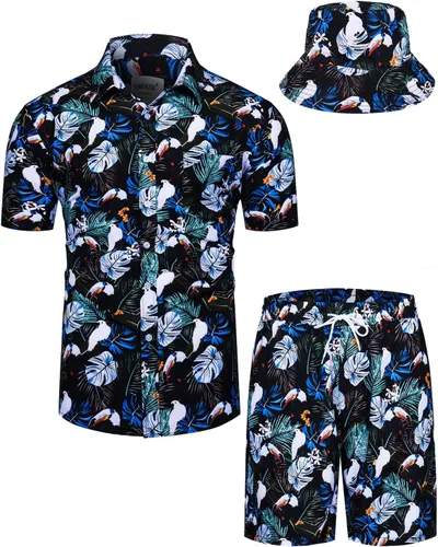 Vista 61 de TUNEVUSE Conjunto de camisas y pantalones cortos hawaianos para hombre, 2 piezas, trajes de playa con estampado de flores, traje tropical de verano