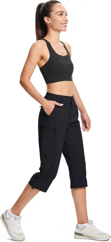 Vista 9 de MAGCOMSEN - Pantalones de senderismo para mujer, tipo capri y cargo, ligeros, elásticos, resistentes al agua, con 5 bolsillos para exterior