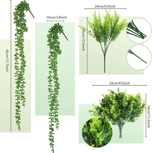 Vista 3 de Zeyune Juego de 48 plantas y flores colgantes falsas, ramo de flores de orquídeas coloridas, helecho boston, plástico, eucalipto, cesta suculenta