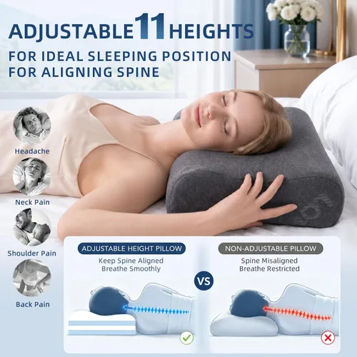 Vista 6 de Almohada de contorno - Almohada cervical de cuello ajustable de suavidad para un soporte ideal, almohada de espuma viscoelástica de 11 alturas