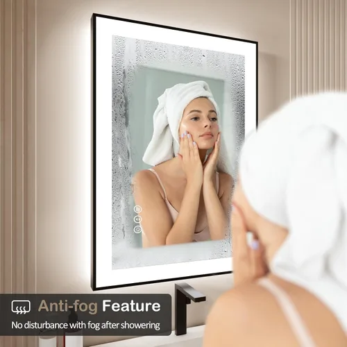 Vista 5 de Espejo de baño LED de 24x28 pulgadas con marco negro, espejos de baño retroiluminados y con luz frontal para pared, antiempañamiento, regulable